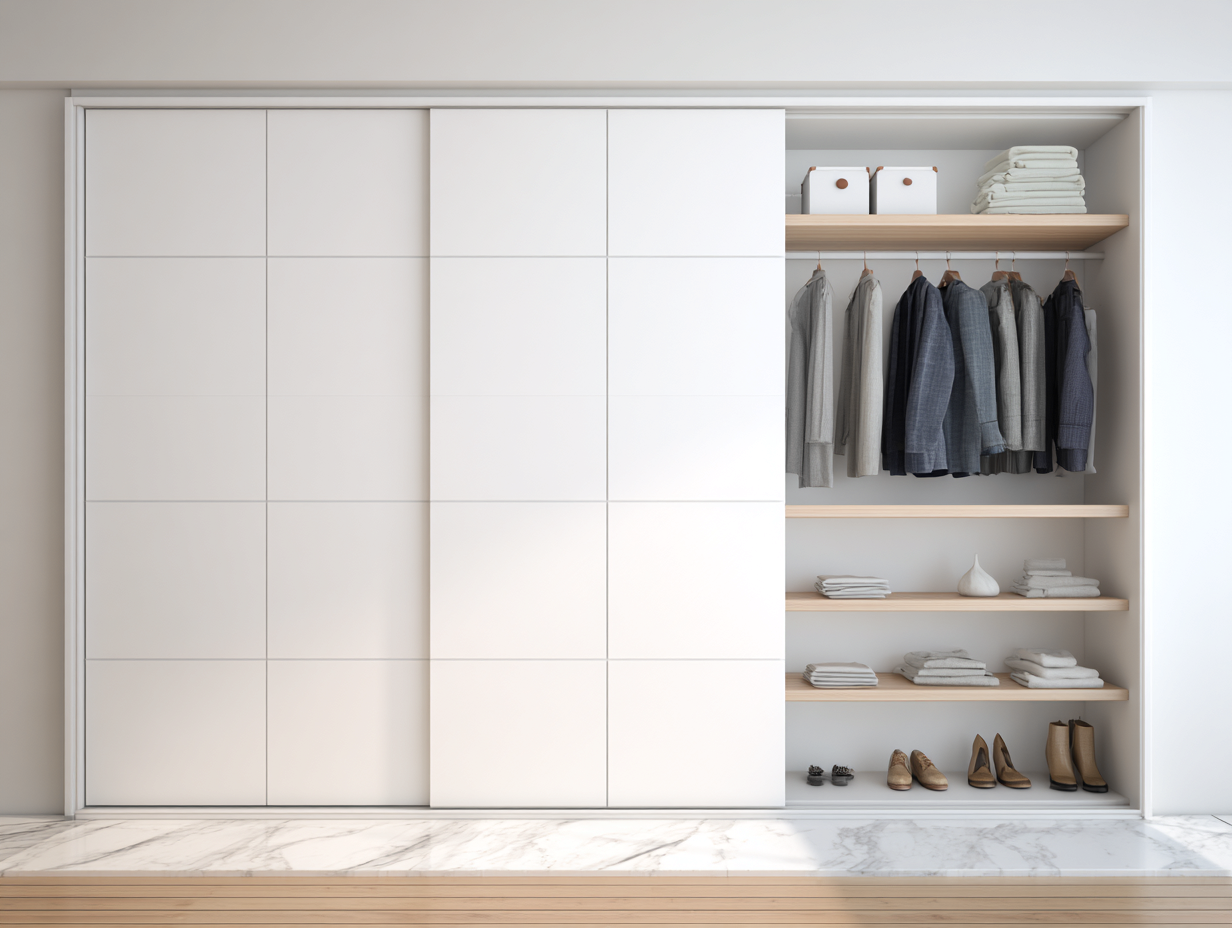 Schwebetürenschrank aus Holzwerkstoff 240x60x220cm - Weiß - für Schlafzimmer - modernes Stauraumdesign