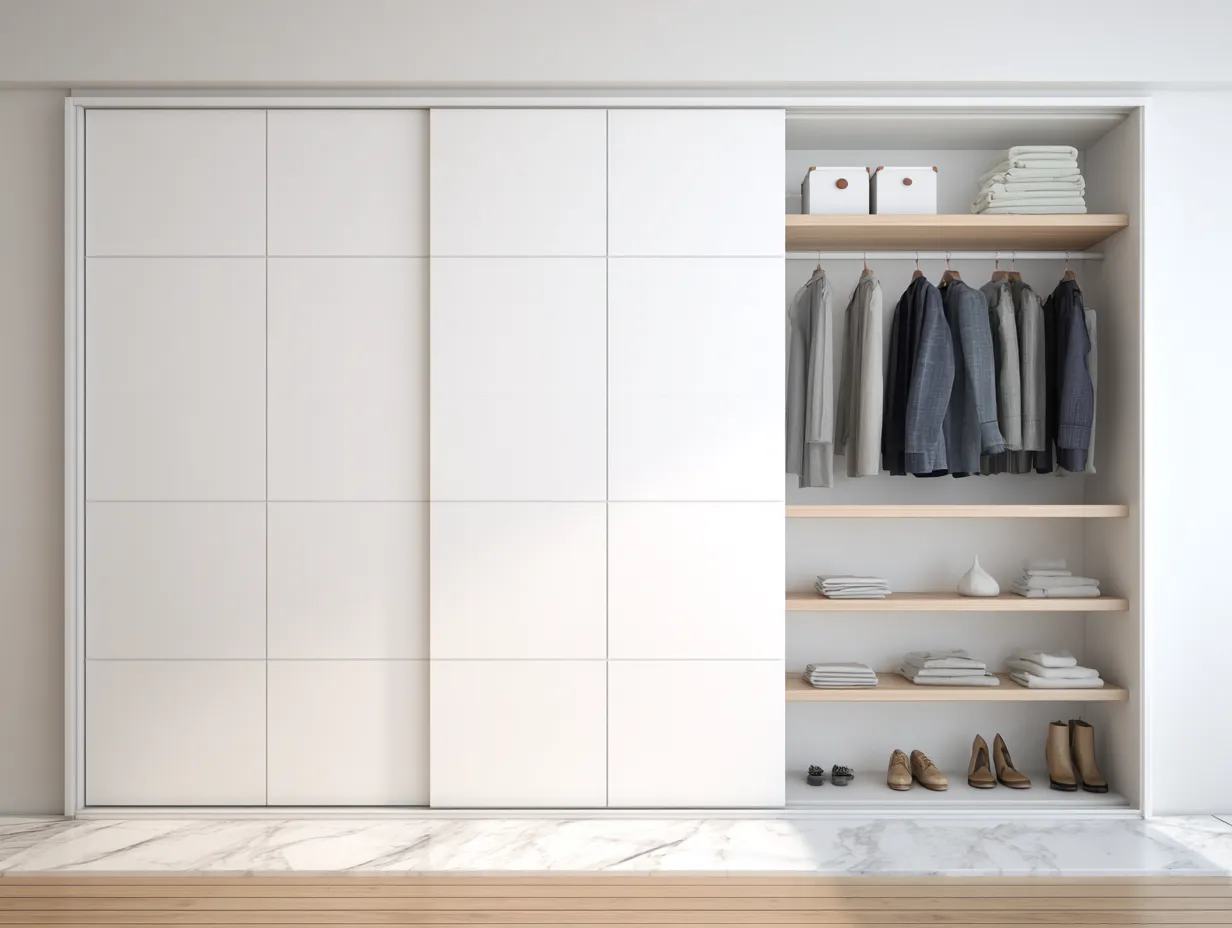 Schwebetürenschrank aus Holzwerkstoff 240x60x220cm - Weiß - für Schlafzimmer - modernes Stauraumdesign