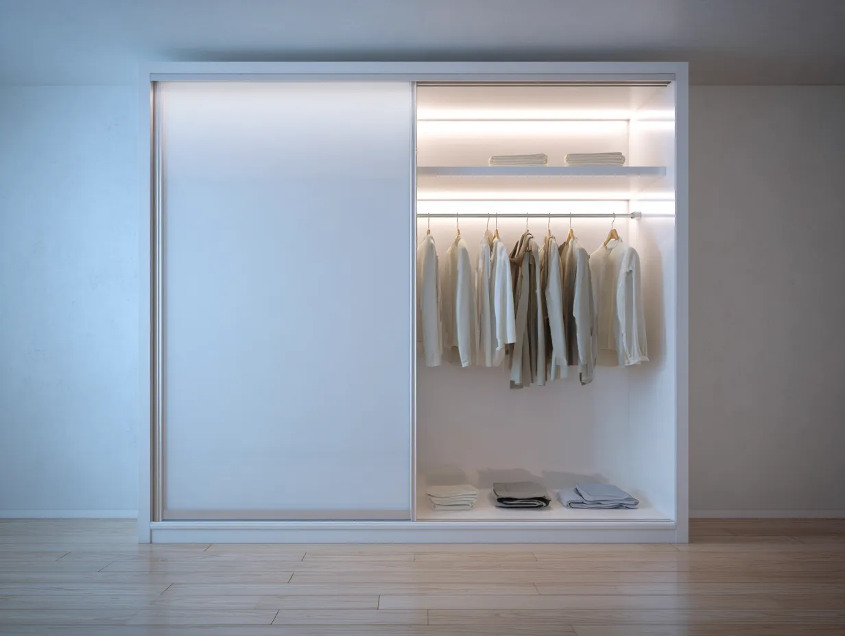 Schwebetürenschrank Holzwerkstoff 180x60x220cm - weiß - für Schlafzimmer - mit integrierter Beleuchtung