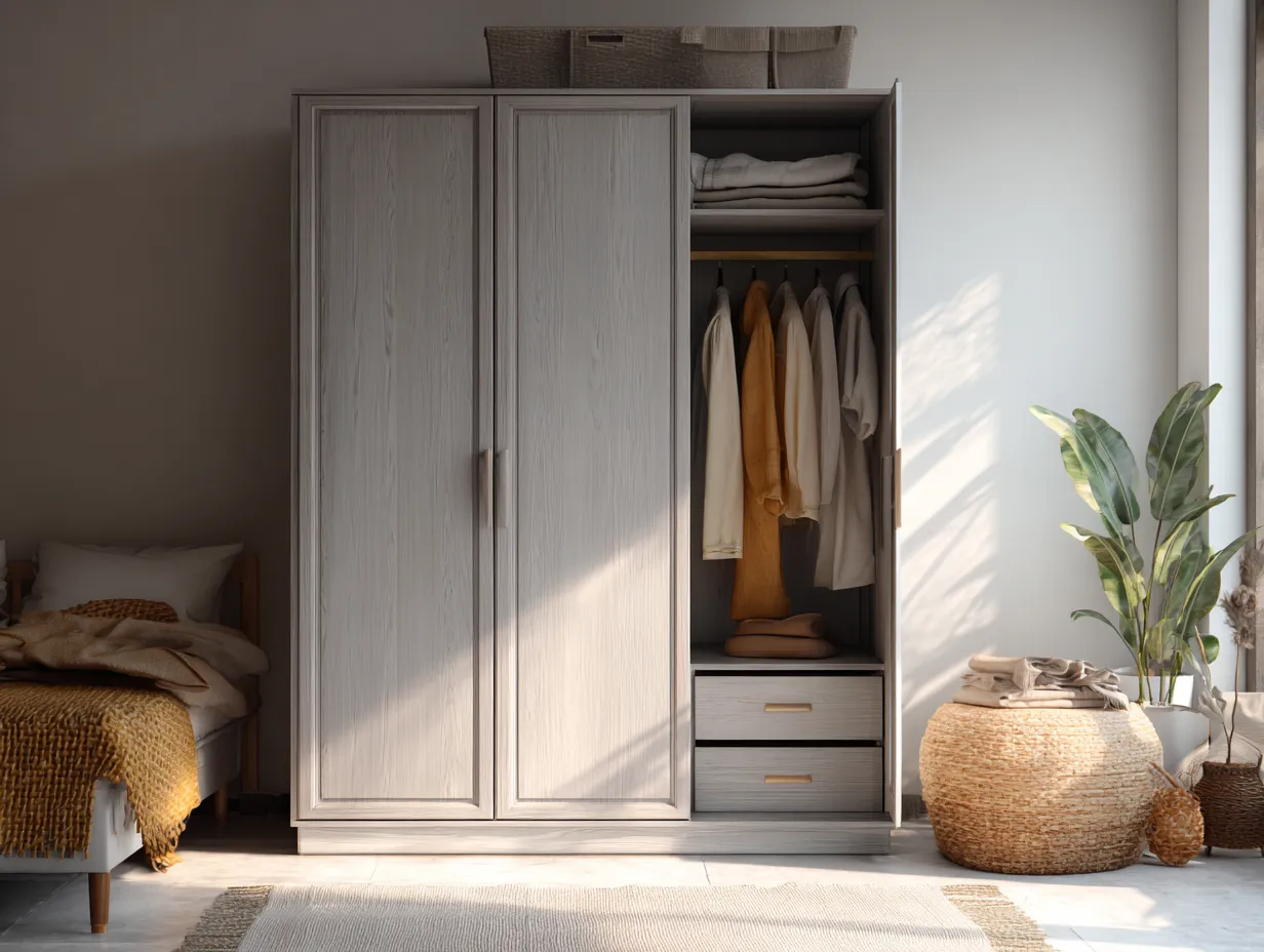 Kleiderschrank aus Holzwerkstoff 160x55x200cm - Hellgrau - für Schlafzimmer - modernes Stauraumdesign