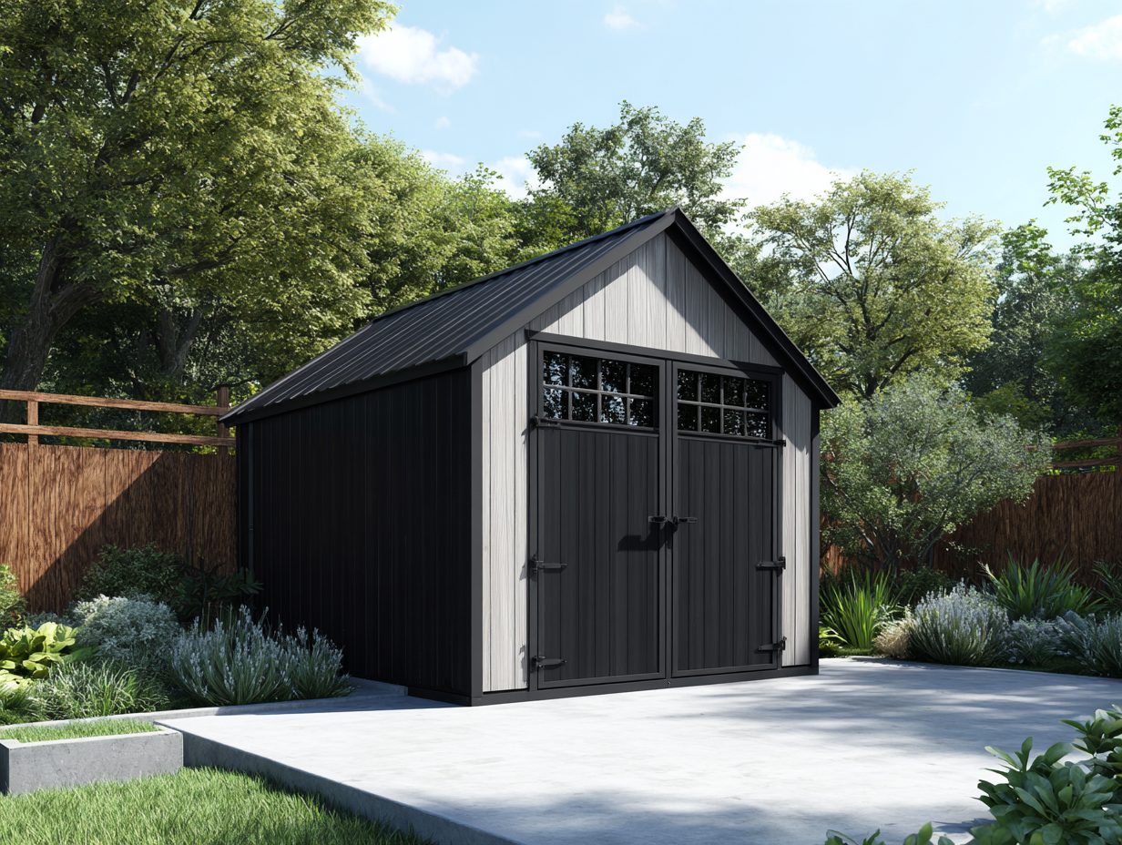 Gartenhaus Holz 220x200x230cm - grau/schwarz - für Garten - Satteldach mit Doppeltür und Lichtfenstern