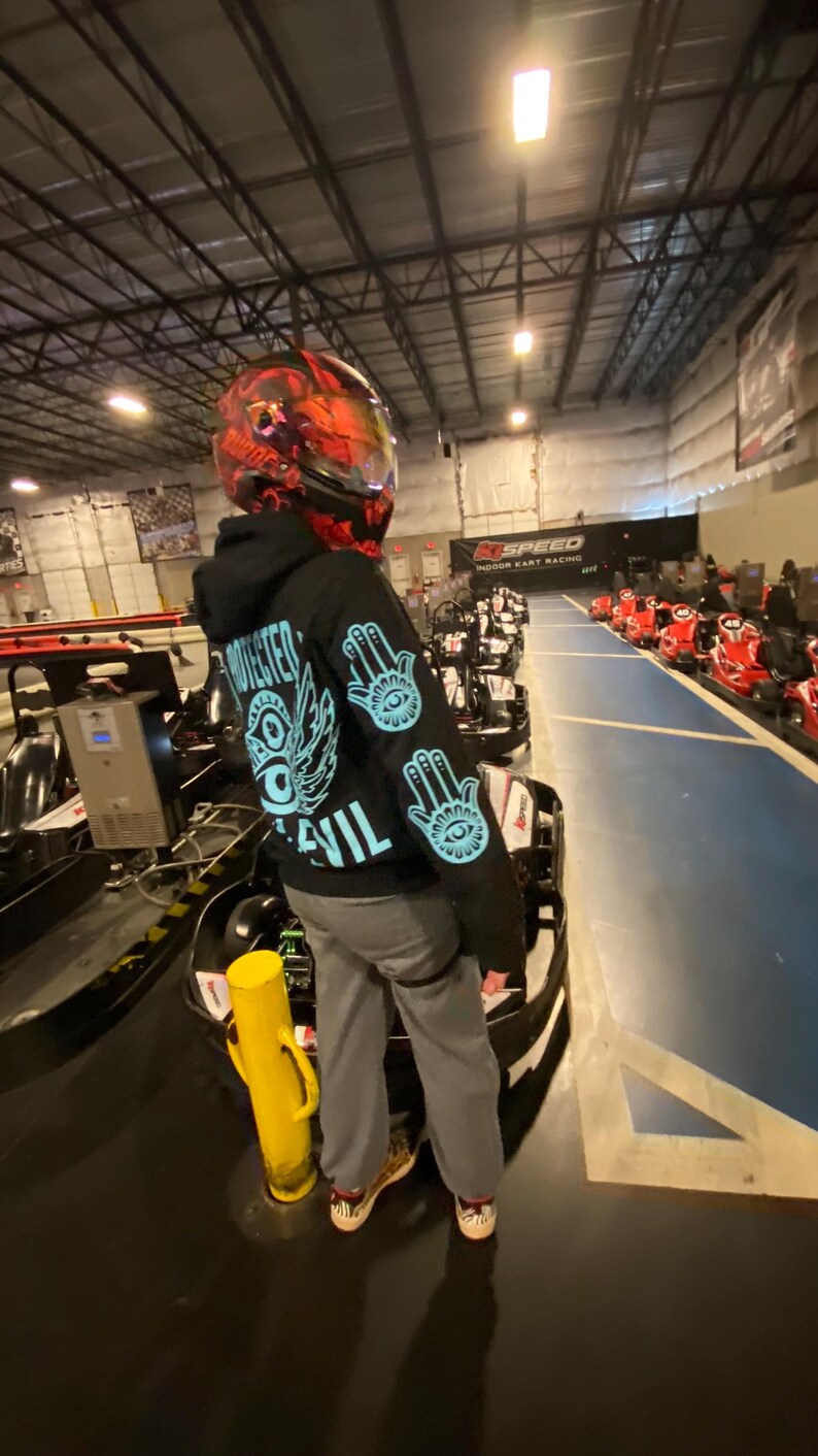 Protected From Evil Blue Reflective Hoodie - loose fit unisex nighttime essential riding pullover