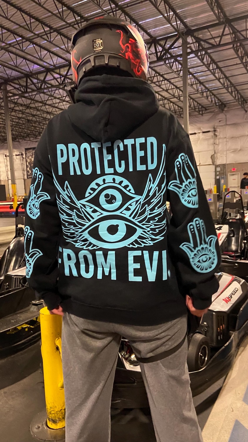 Protected From Evil Blue Reflective Hoodie - loose fit unisex nighttime essential riding pullover