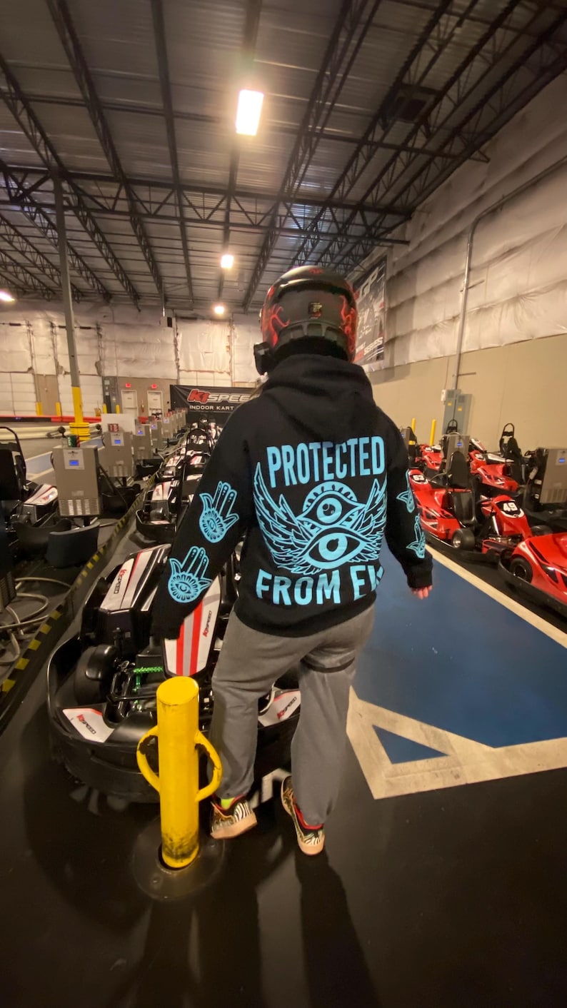 Protected From Evil Blue Reflective Hoodie - loose fit unisex nighttime essential riding pullover