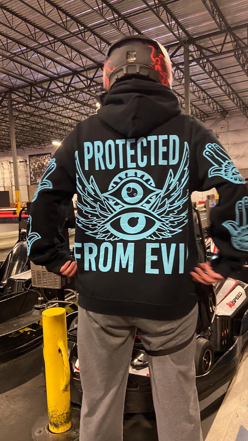 Protected From Evil Blue Reflective Hoodie - loose fit unisex nighttime essential riding pullover