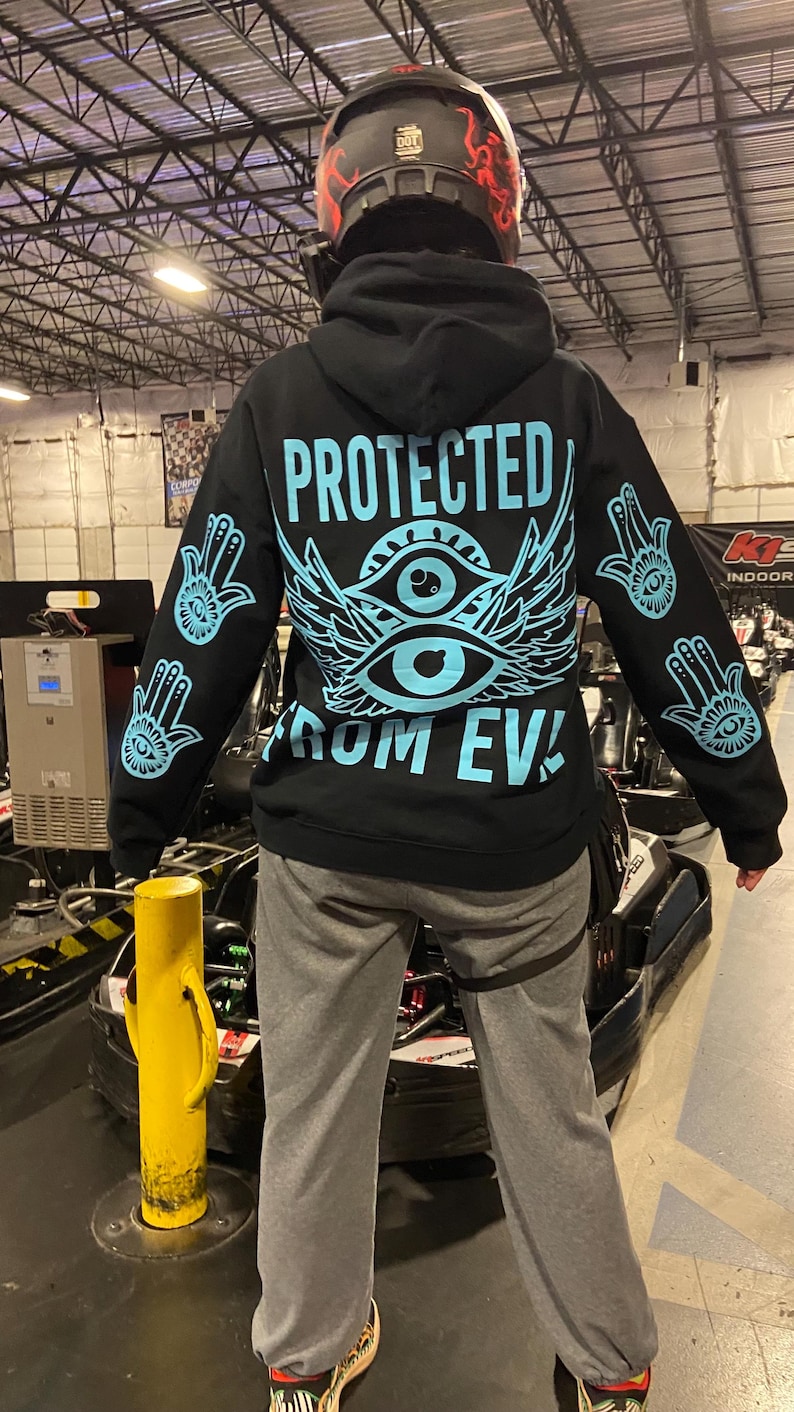 Protected From Evil Blue Reflective Hoodie - loose fit unisex nighttime essential riding pullover