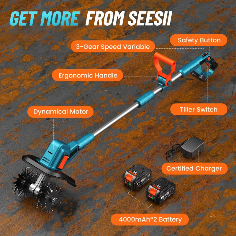 Electric Tiller for Gardening, 300 RPM Rototiller Cordless Cultivator