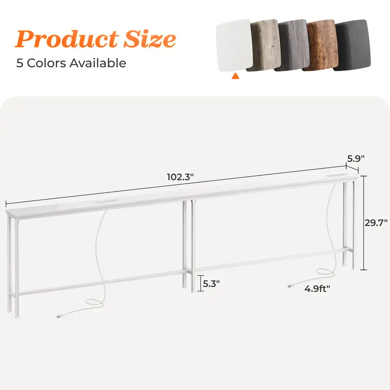 102 Inch Sofa Table with 2 Power Outlets and USB-C Ports