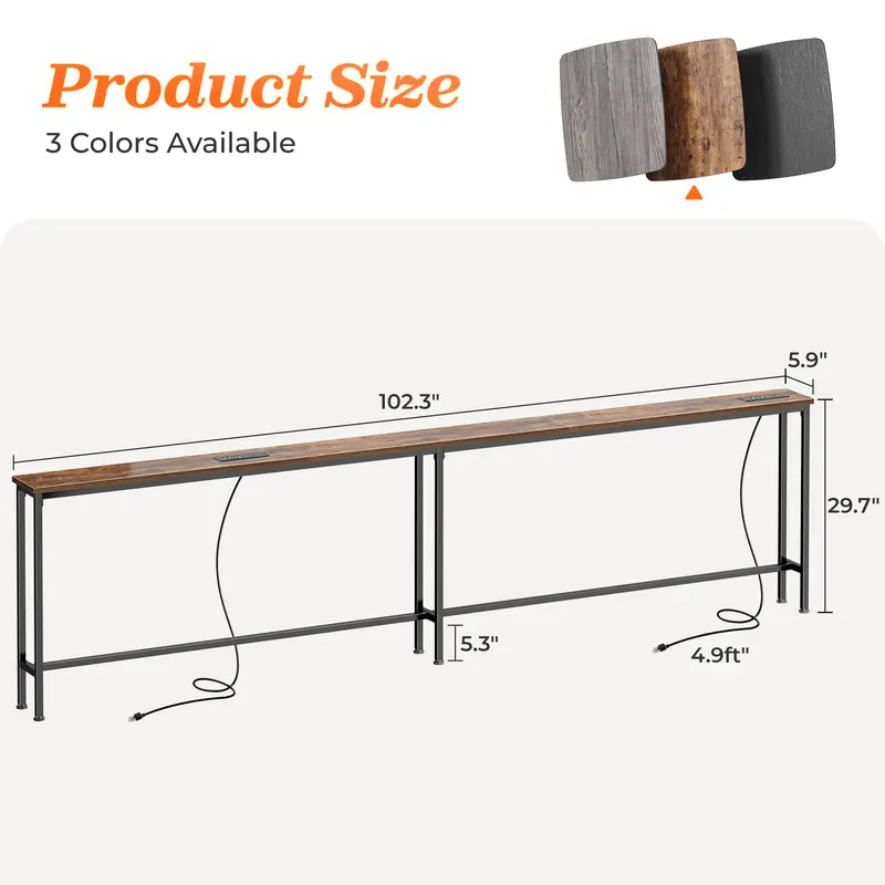 102 Inch Sofa Table with 2 Power Outlets and USB-C Ports