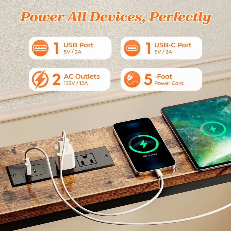 102 Inch Sofa Table with 2 Power Outlets and USB-C Ports