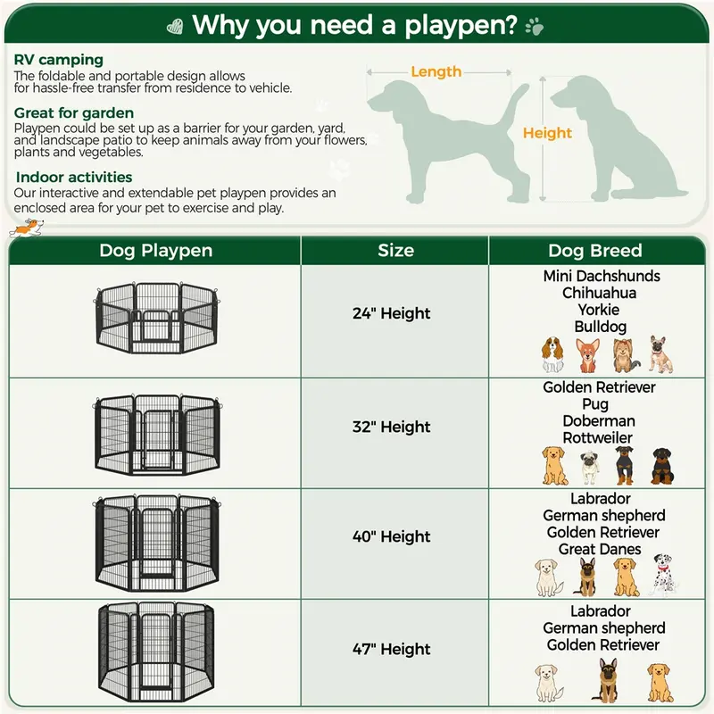 Dog Playpen 6/8/12/16 Panels Metal Pet Playpen, Outdoor Indoor Dog Exercise Barrier Fence, 24/32/40/47 inch
