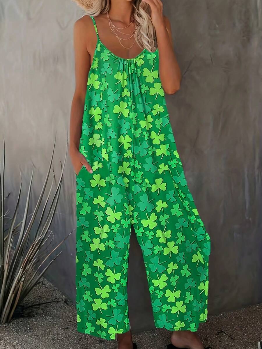 St. Patrick's Day Festive Green Clover Print Wide-Leg Jumpsuit With Pockets（Buy 2 Free Shipping)