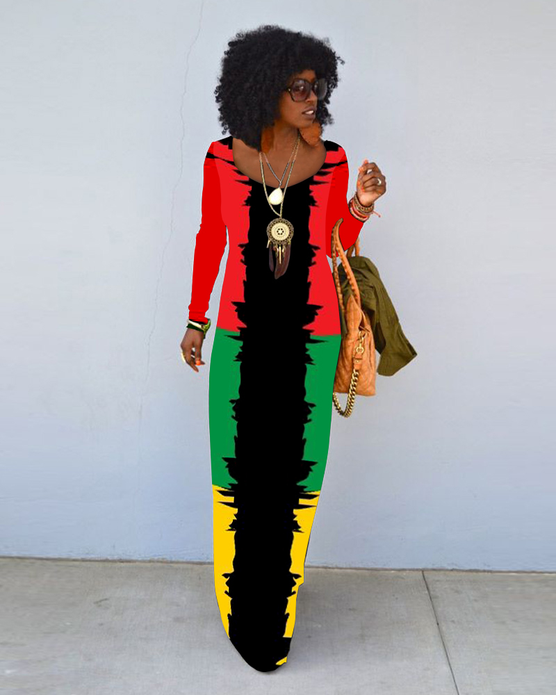 Juneteenth Symmetrical Printing Crew Neck Long Sleeve Dress（Buy 2 Free Shipping)