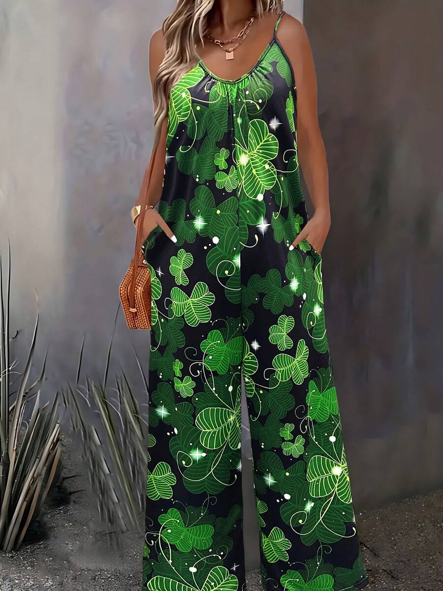 t. Patrick's Day Women's Jumpsuit - Shamrock Print Wide-Leg Romper With Pockets（Buy 2 Free Shipping)