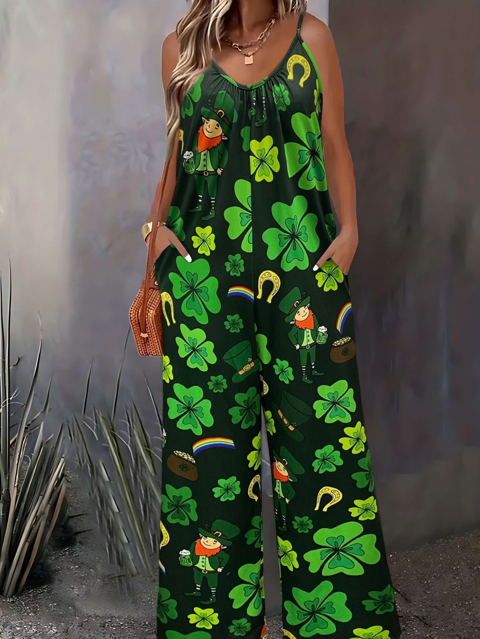 St. Patrick'S Day Clover Print Pleated Slingback Wide-Leg Jumpsuit with Pockets（Buy 2 Free Shipping)