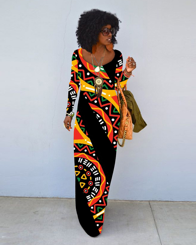 Black History Month Retro Prints Crew Neck Long Sleeve Dress（Buy 2 Free Shipping)