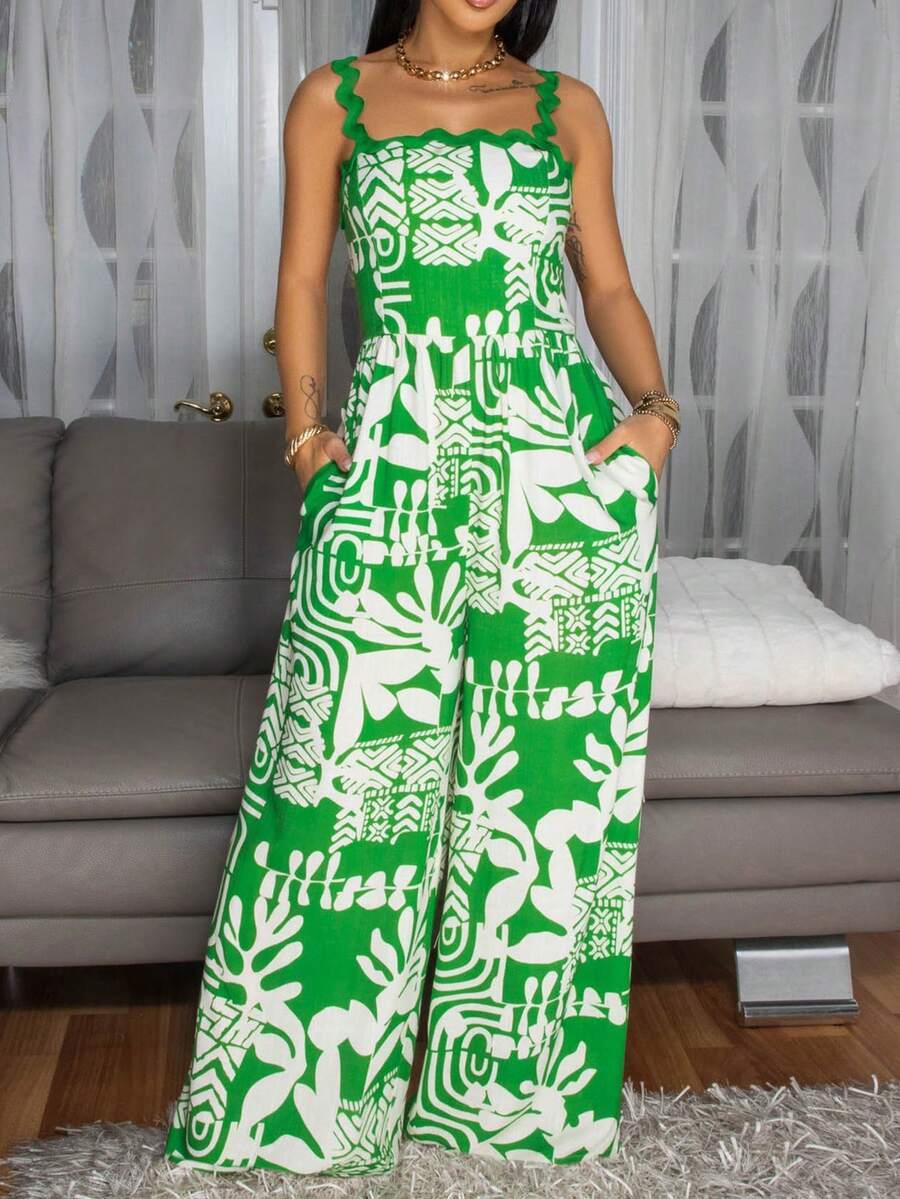 Women's Leaf Pattern All-Over Print Woven Fabric Jumpsuit With Pockets（Buy 2 Free Shipping)