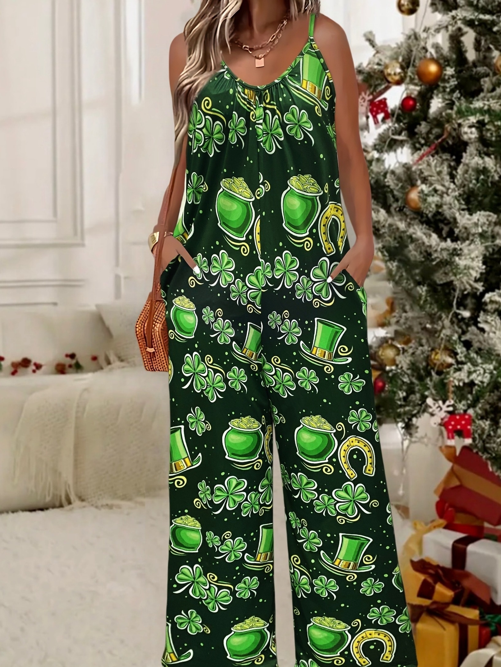 St. Patrick's Day Clover Print Pleated Spaghetti Strap Wide-Leg Jumpsuit with Pockets（Buy 2 Free Shipping)