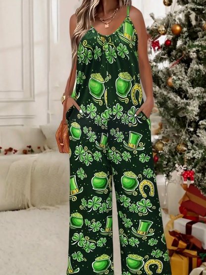 St. Patrick's Day Clover Print Pleated Spaghetti Strap Wide-Leg Jumpsuit with Pockets（Buy 2 Free Shipping)