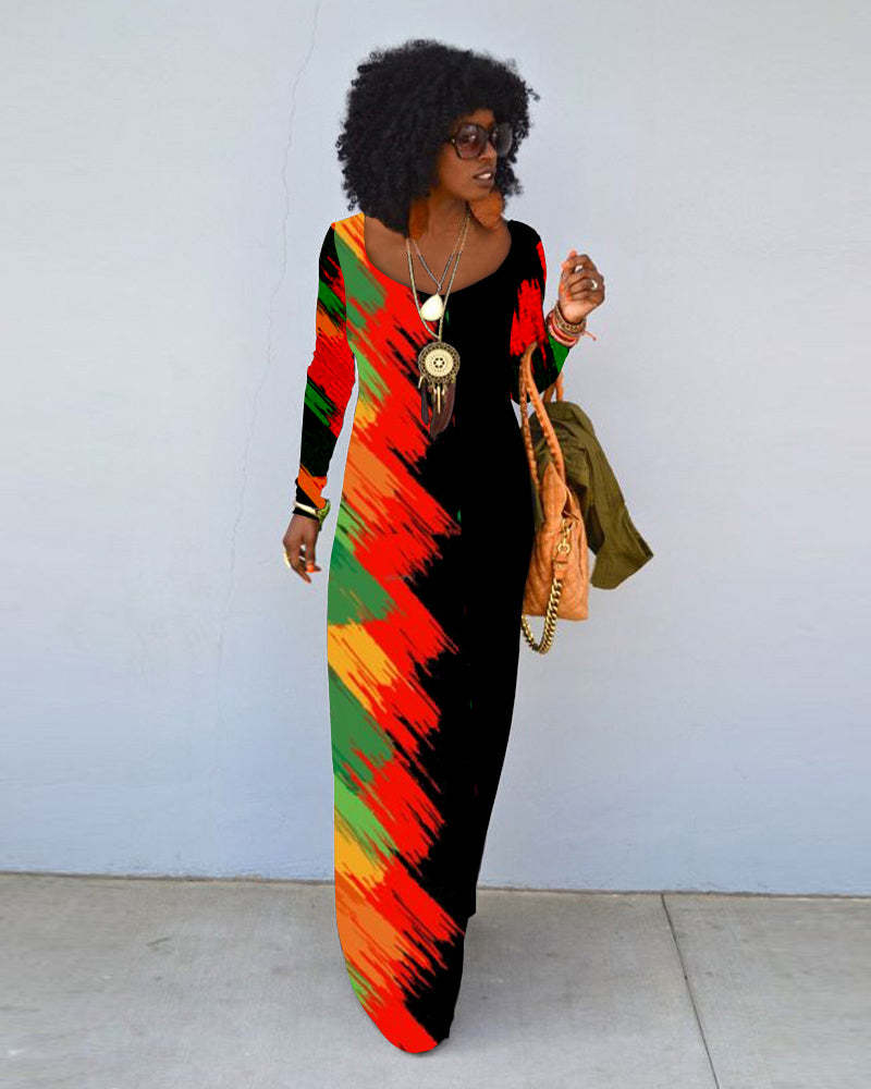 Juneteenth Design Print Crew Neck Long Sleeve Dress（Buy 2 Free Shipping)