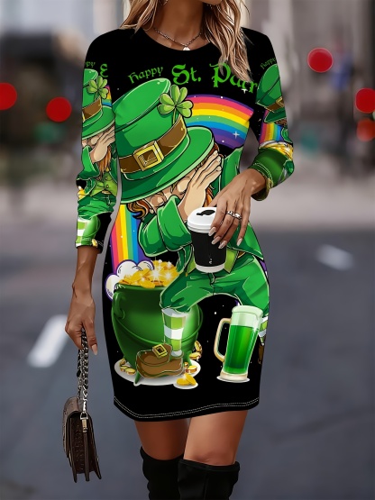 Ladies' St. Patrick'S Day Leprechaun Rainbow Beer Can Print Long Sleeve Bodycon Dress （Buy 2 Free Shipping)