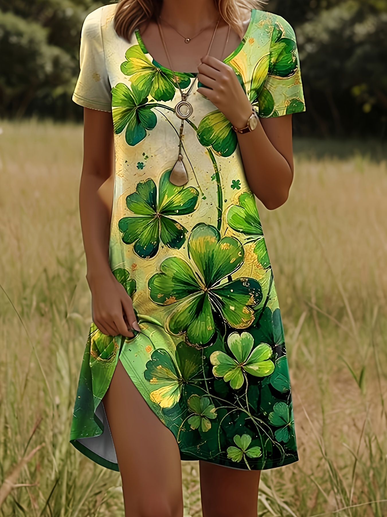 Plus Size Summer Round Neck Short Sleeve Tight Top Loose Bottom Midi St. Patrick's Day Print Dress （Buy 2 Free Shipping)