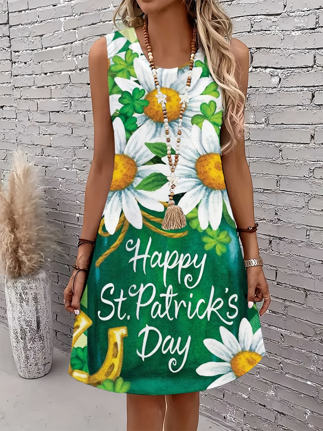 Women Daisy And Clover Print Happy St Patrick's Day Sleeveless Dress （Buy 2 Free Shipping)