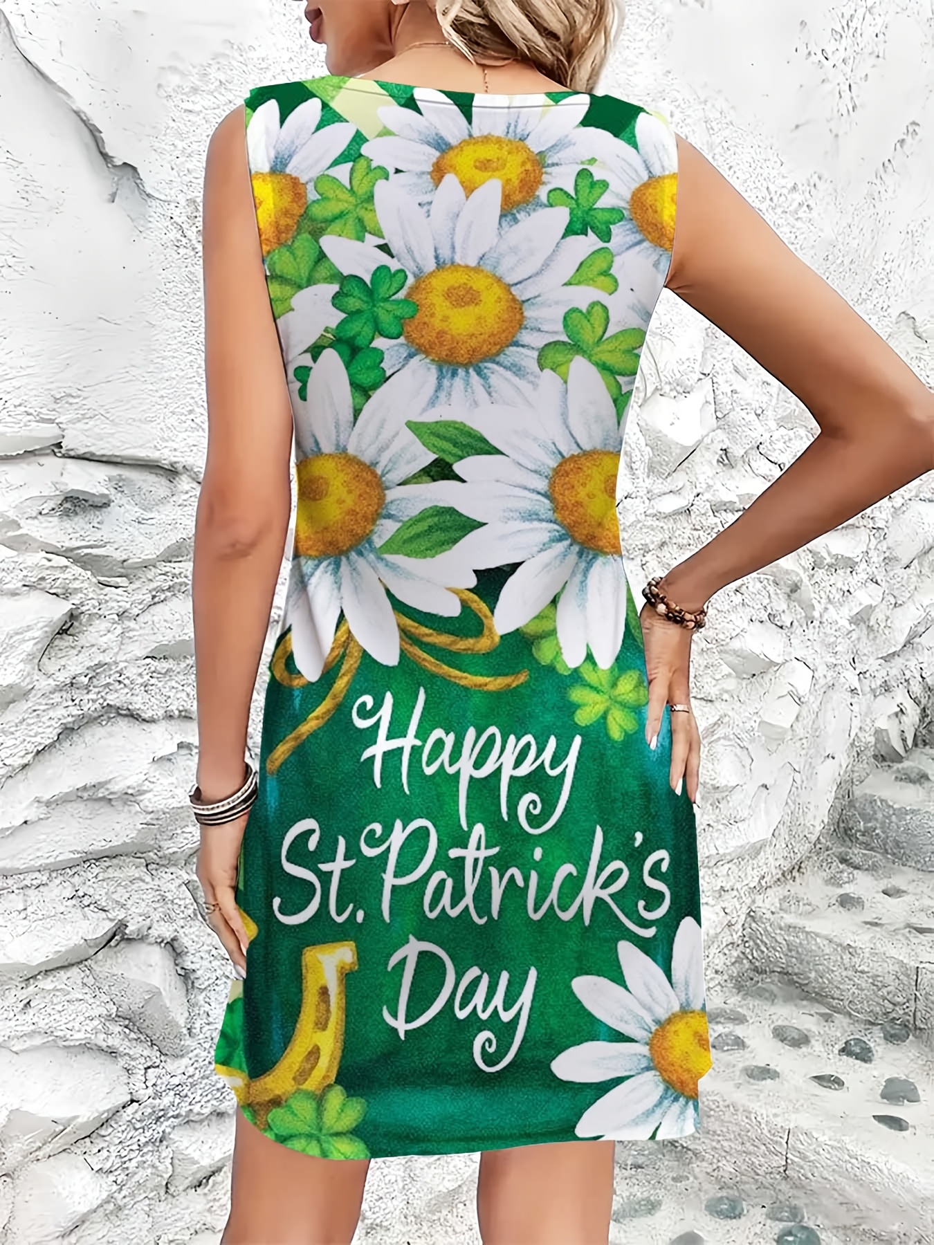 Women Daisy And Clover Print Happy St Patrick's Day Sleeveless Dress （Buy 2 Free Shipping)