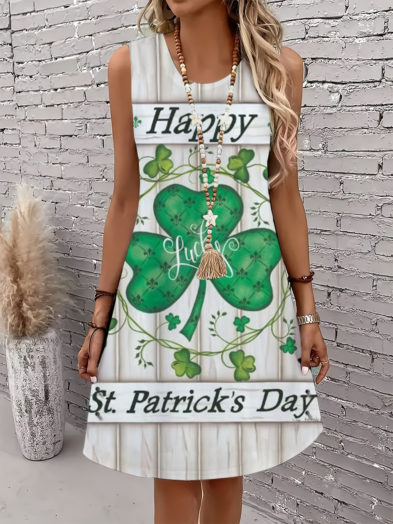 Plus Size Women Happy St Patrick'S Day Clover Print Sleeveless Dress（Buy 2 Free Shipping)