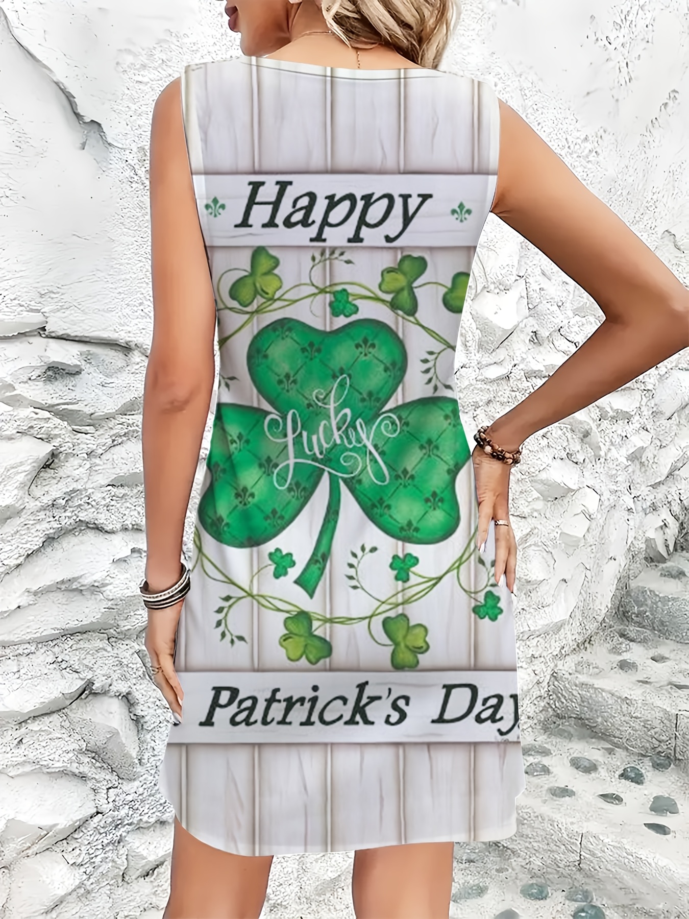 Plus Size Women Happy St Patrick'S Day Clover Print Sleeveless Dress（Buy 2 Free Shipping)