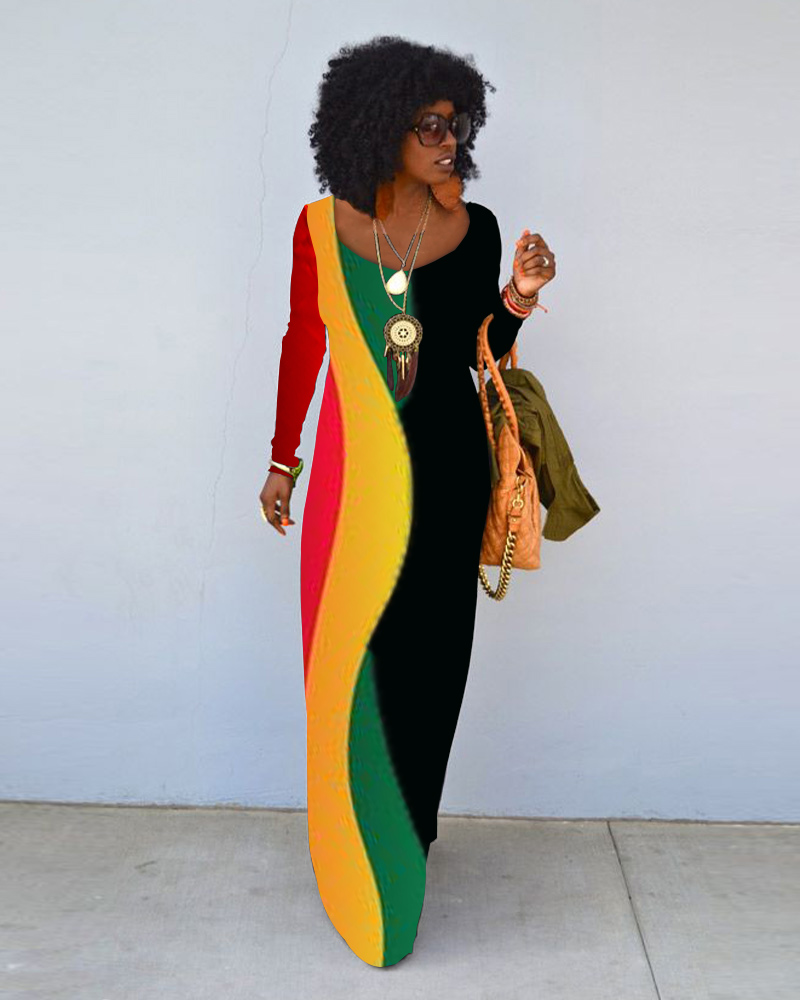 Black History Month Print Crew Neck Long Sleeve Dress（Buy 2 Free Shipping)