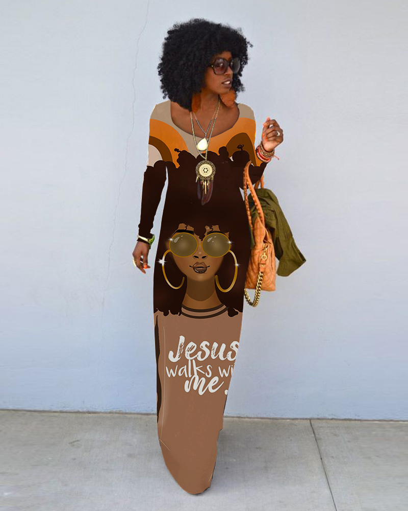 Jesus Walks with Me Crew Neck Long Sleeve Dress（Buy 2 Free Shipping)