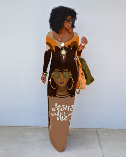 Jesus Walks with Me Crew Neck Long Sleeve Dress（Buy 2 Free Shipping)