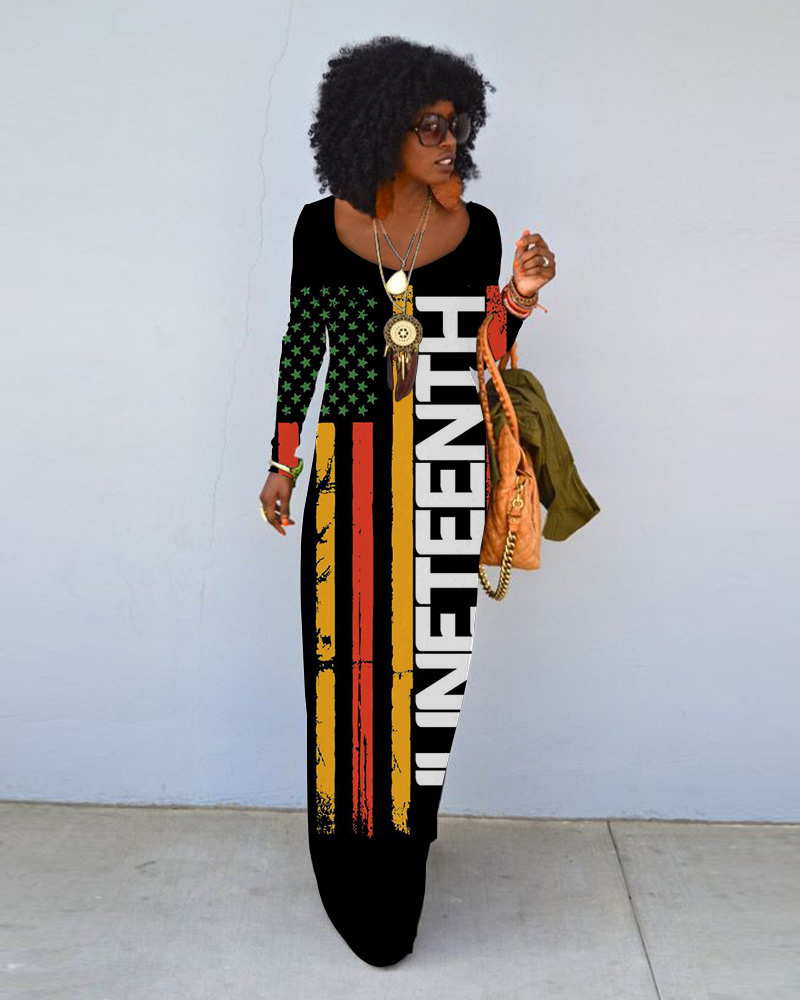 Juneteenth Flag Print Crew Neck Long Sleeve Dress（Buy 2 Free Shipping)