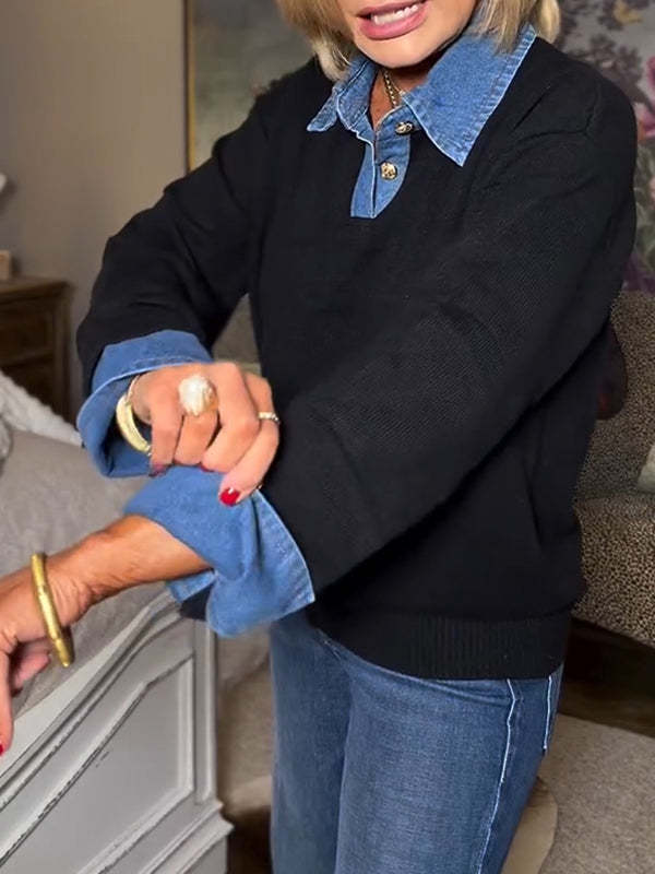 Women Laple Collar Denim Patchwork Sweater Casual Top