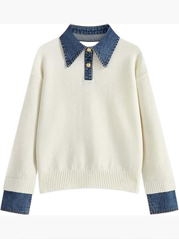 Women Laple Collar Denim Patchwork Sweater Casual Top