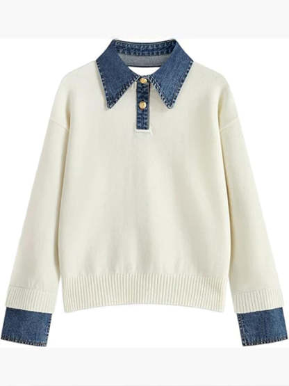 Women Laple Collar Denim Patchwork Sweater Casual Top