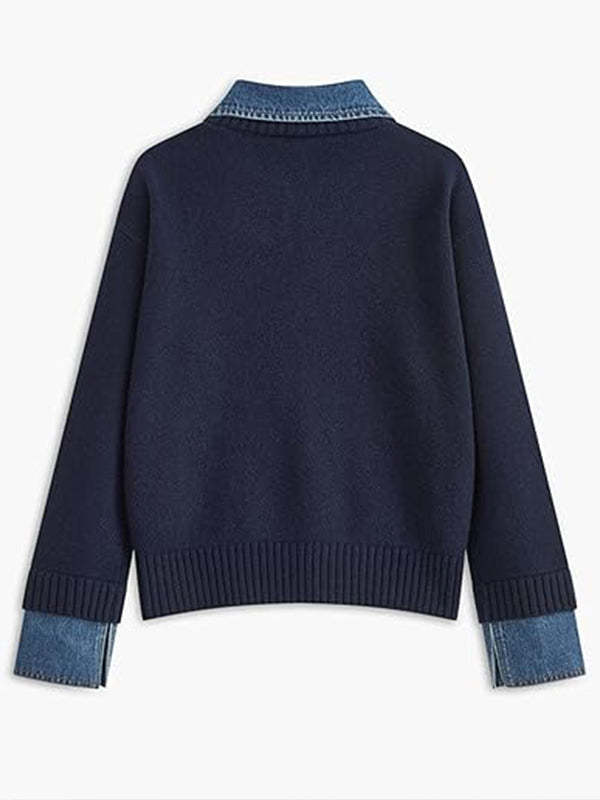 Women Laple Collar Denim Patchwork Sweater Casual Top