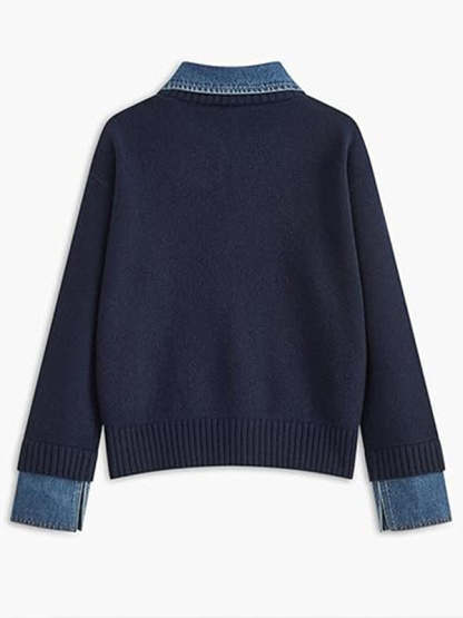 Women Laple Collar Denim Patchwork Sweater Casual Top