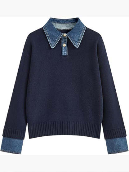 Women Laple Collar Denim Patchwork Sweater Casual Top