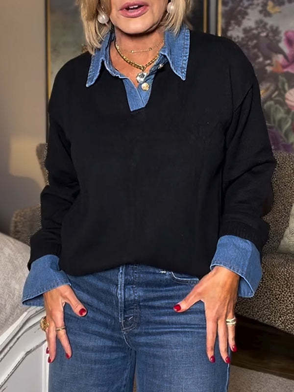 Women Laple Collar Denim Patchwork Sweater Casual Top