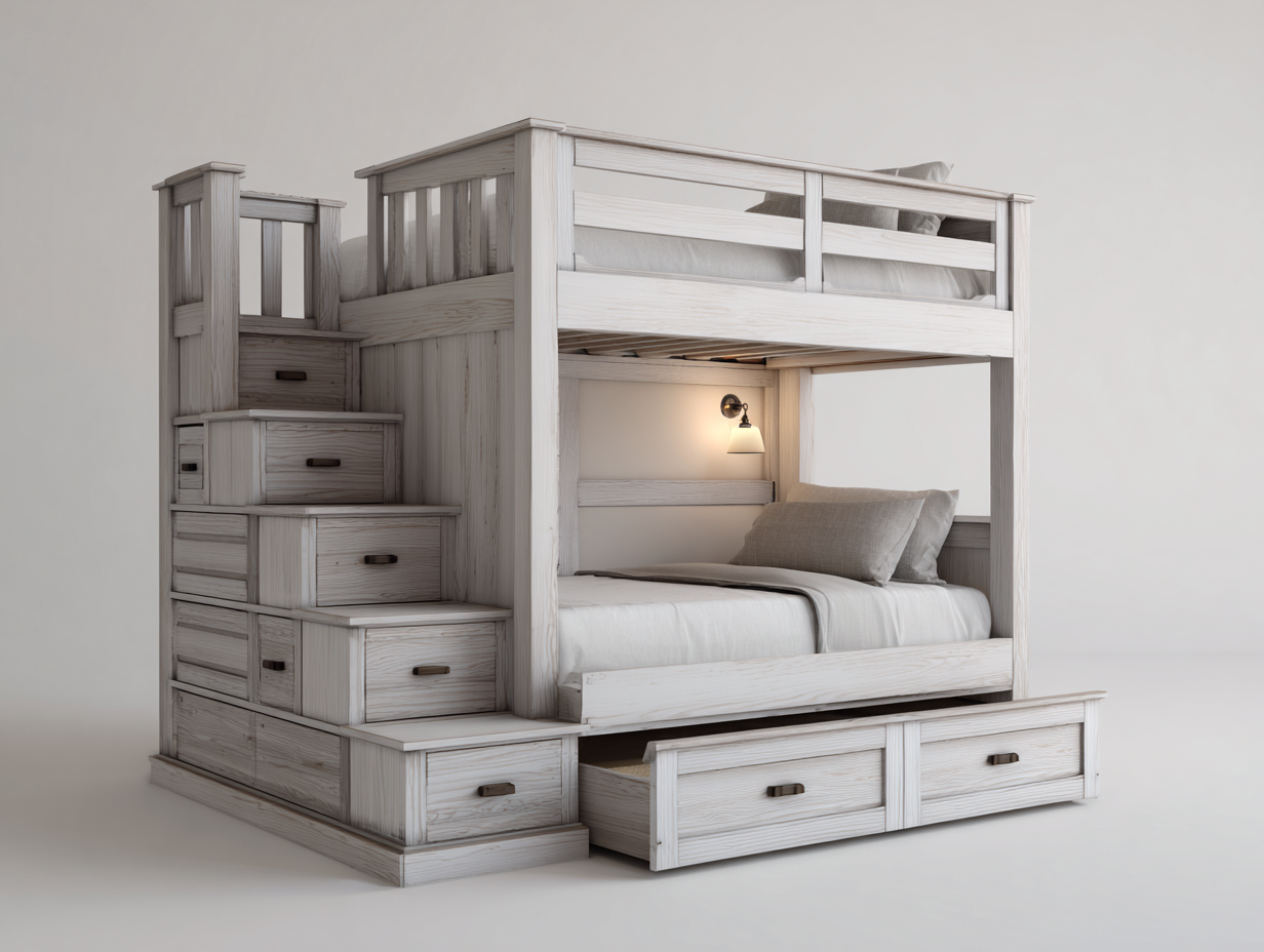 Lits superposés en bois massif 200x98x165 cm - blanc-bois naturel - conception fonctionnelle avec rangement-Havenuna