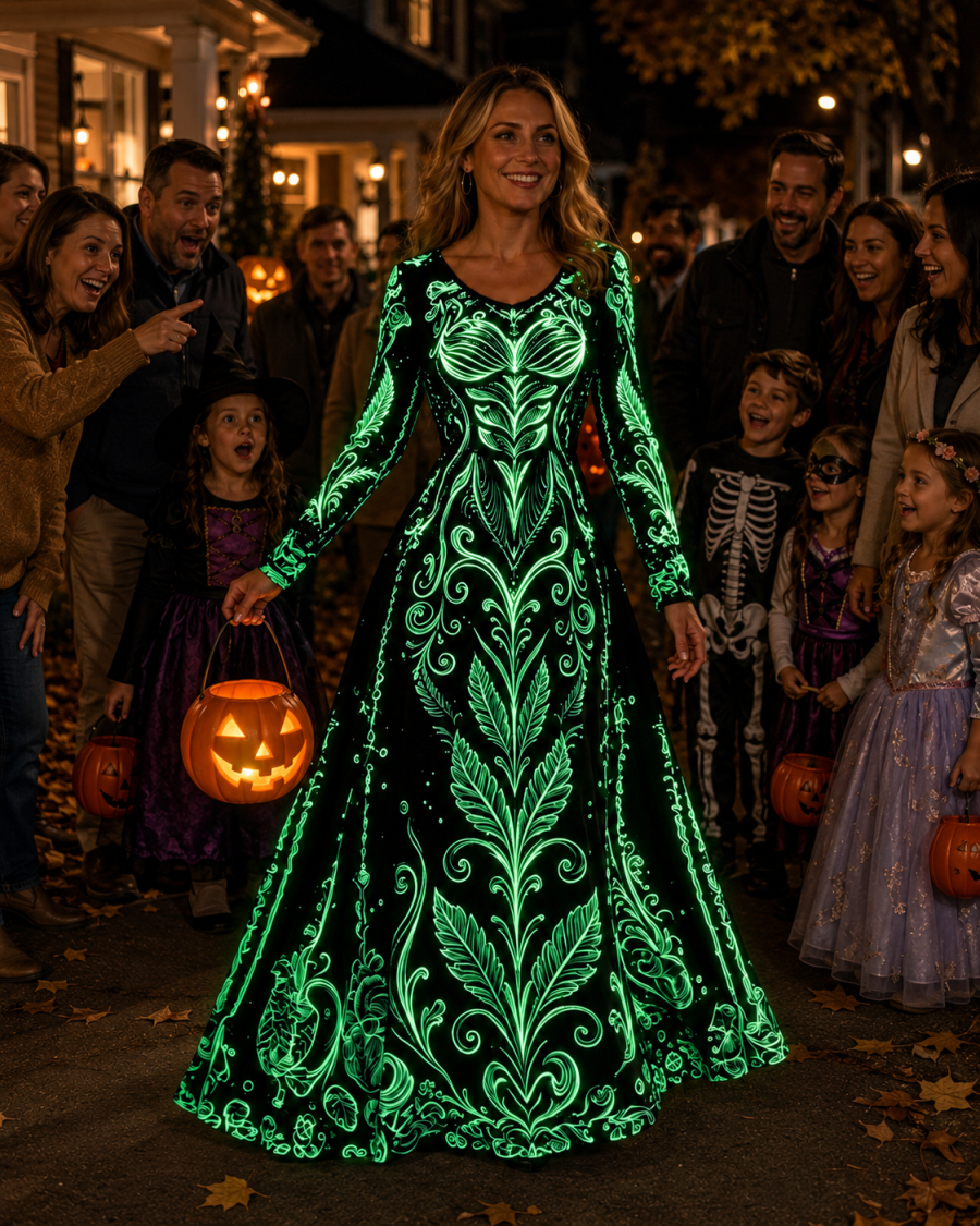 Glow-in-the-dark Halloween outfit on a decorated neighborhood street