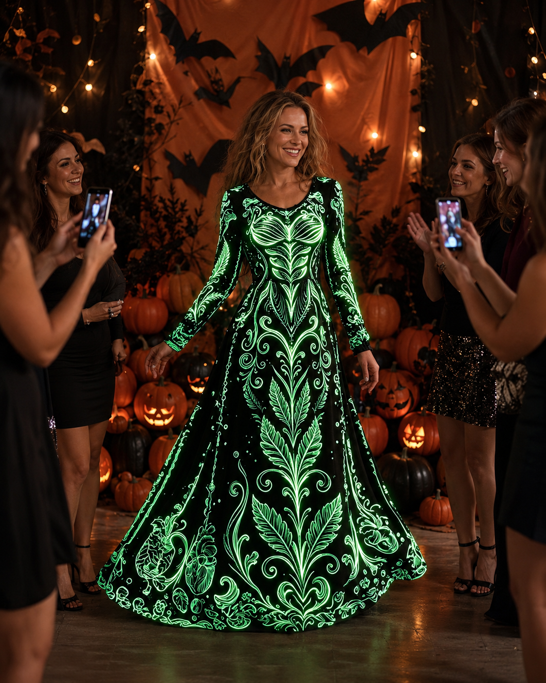 Glow-in-the-dark Halloween outfit at a photo booth