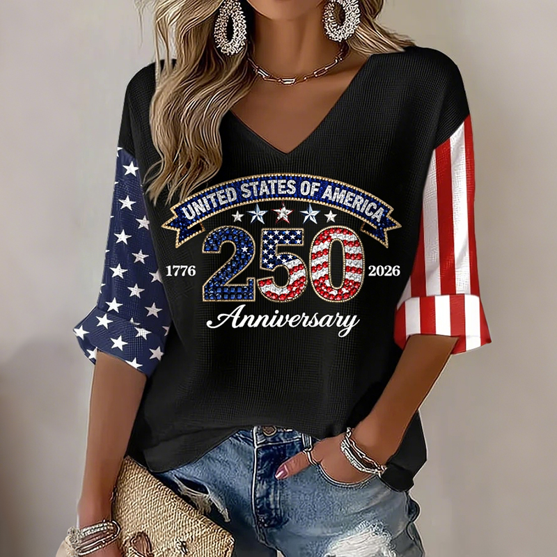 Women's American 250th Anniversary Three-quarter Sleeve V Neck Linen Tops