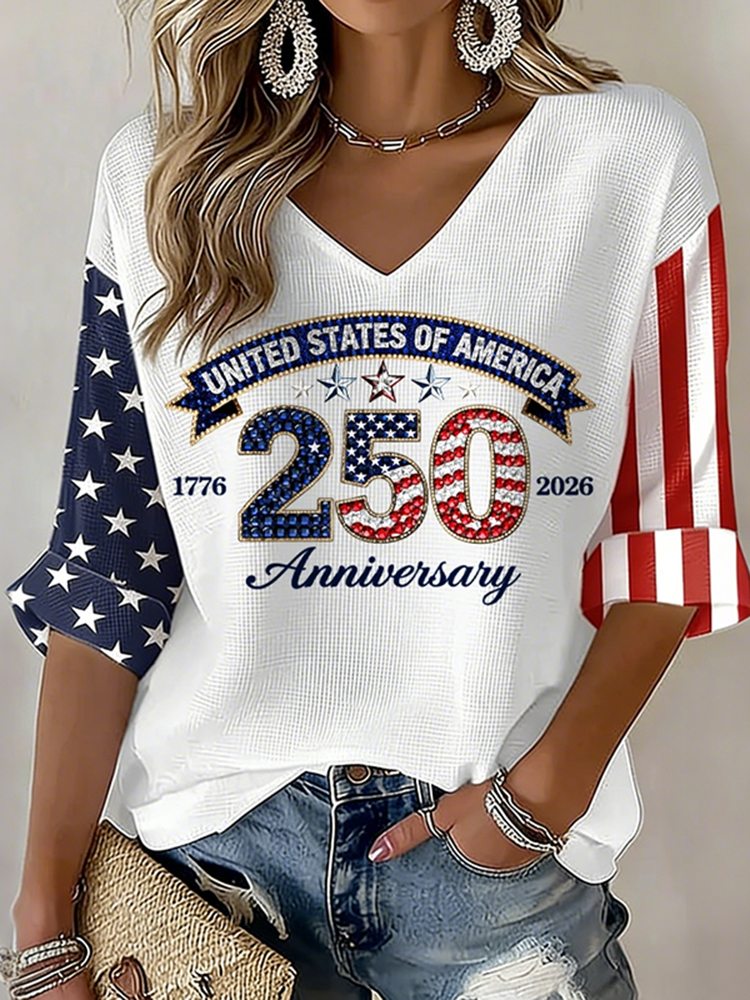 Women's American 250th Anniversary Three-quarter Sleeve V Neck Linen Tops