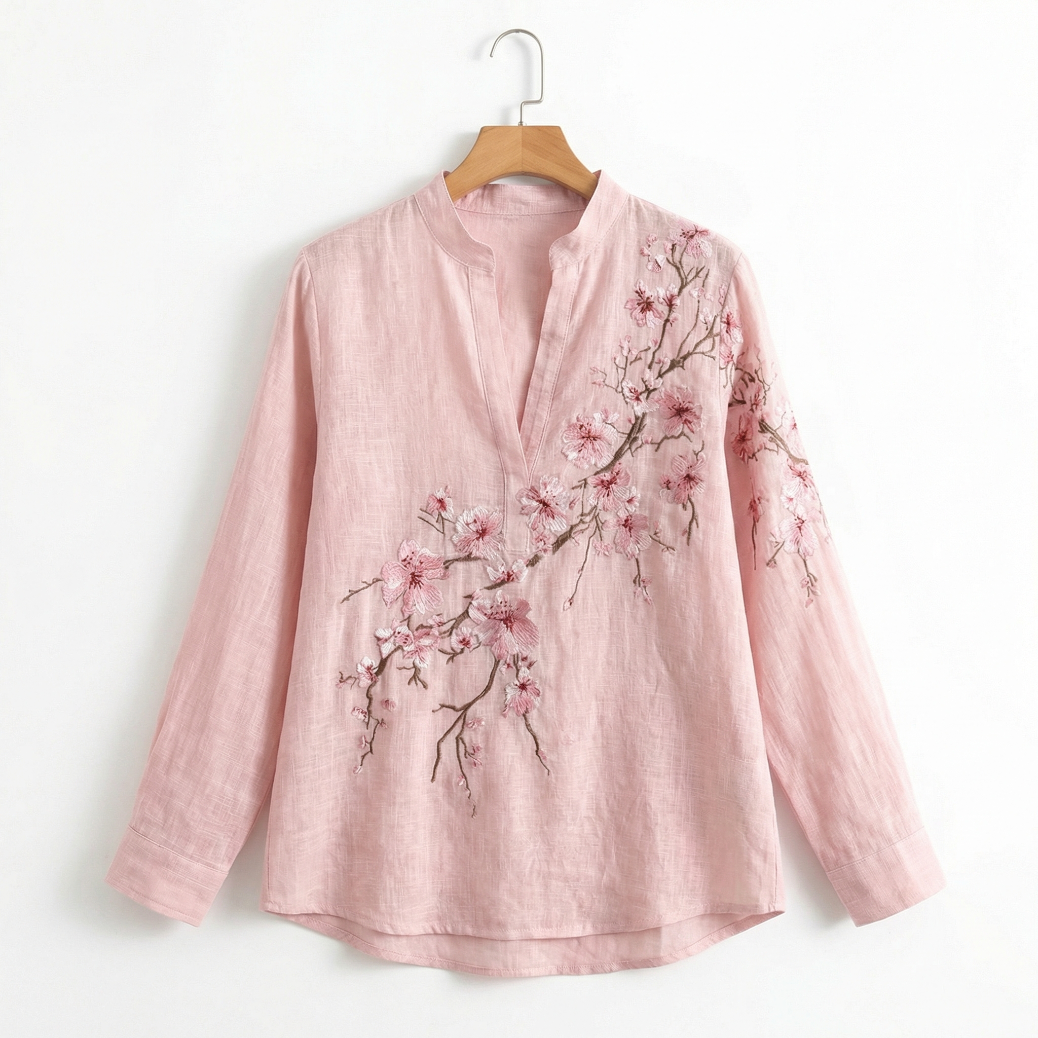 Women's Vintage Flowers Embroidered Linen Long Sleeve Shirt