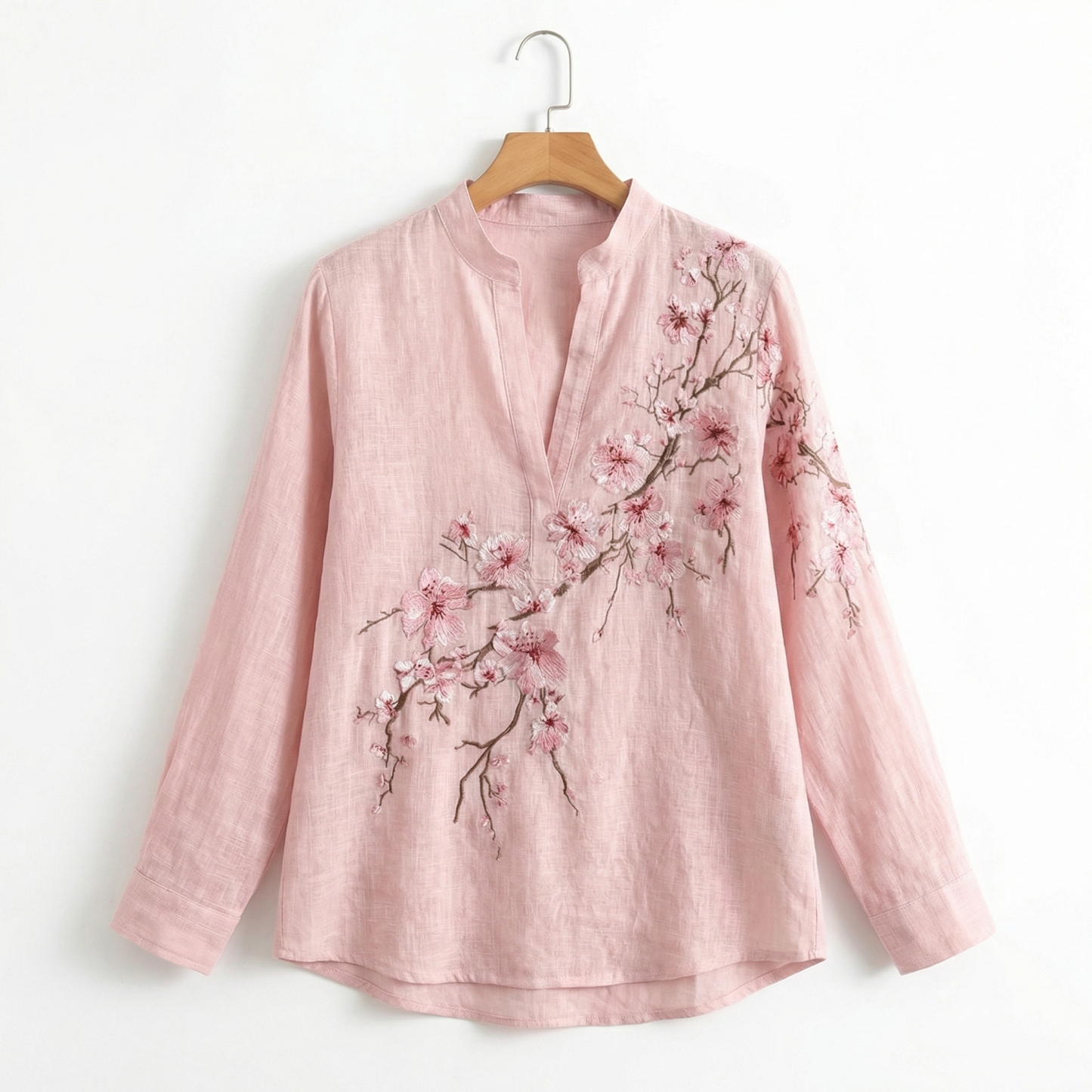Women's Vintage Flowers Embroidered Linen Long Sleeve Shirt
