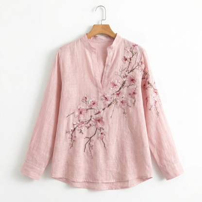 Women's Vintage Flowers Embroidered Linen Long Sleeve Shirt