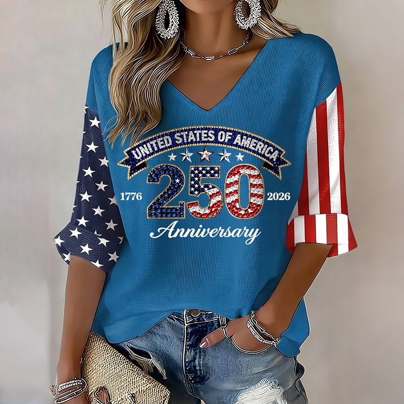 Women's American 250th Anniversary Three-quarter Sleeve V Neck Linen Tops